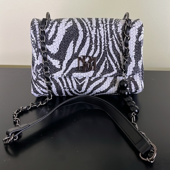 Badgley Mischka Black & White Zebra Print Sequin Embellished Crossbody Handbag - Picture 1 of 12